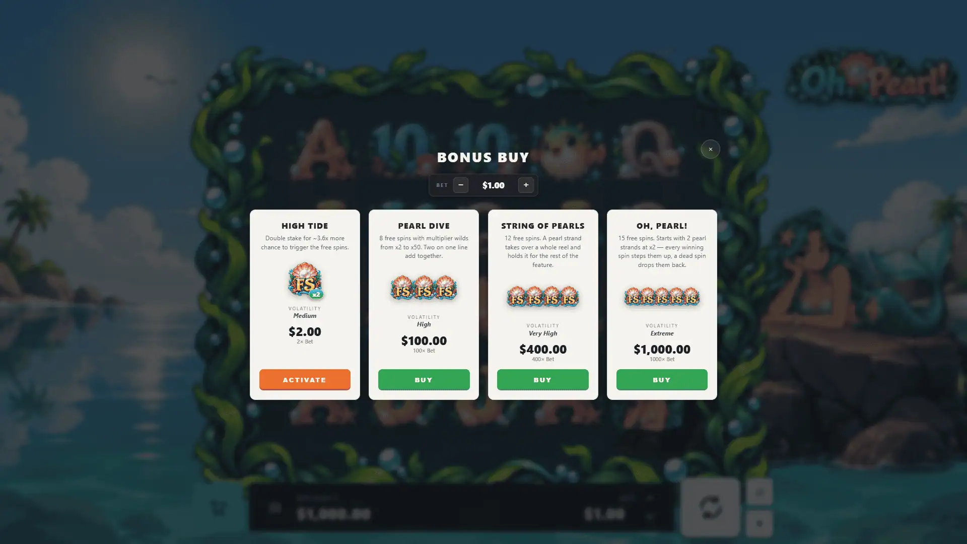 Oh, Pearl! bonus buy menu