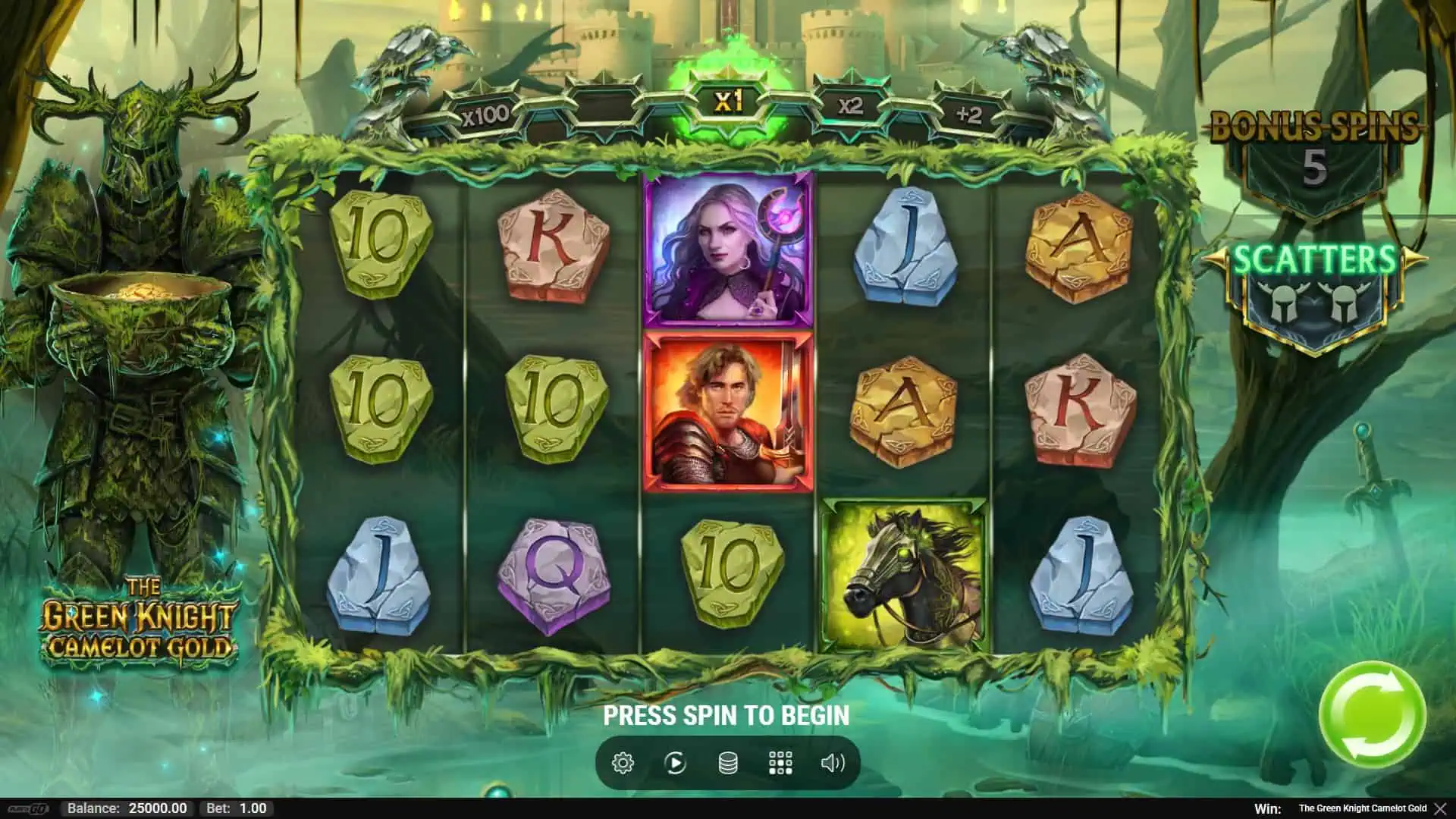 The Green Knight Camelot Gold slot gameplay reels