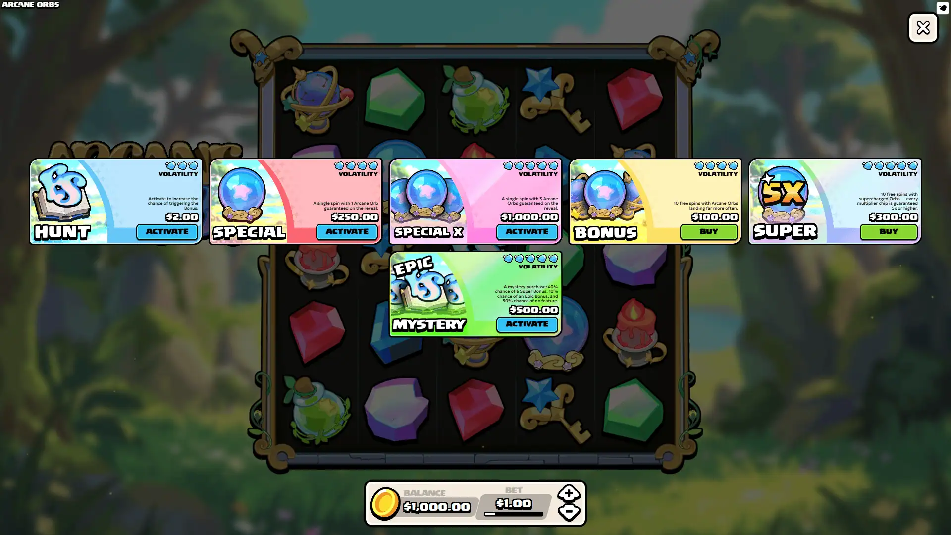 Arcane Orbs bonus buy menu