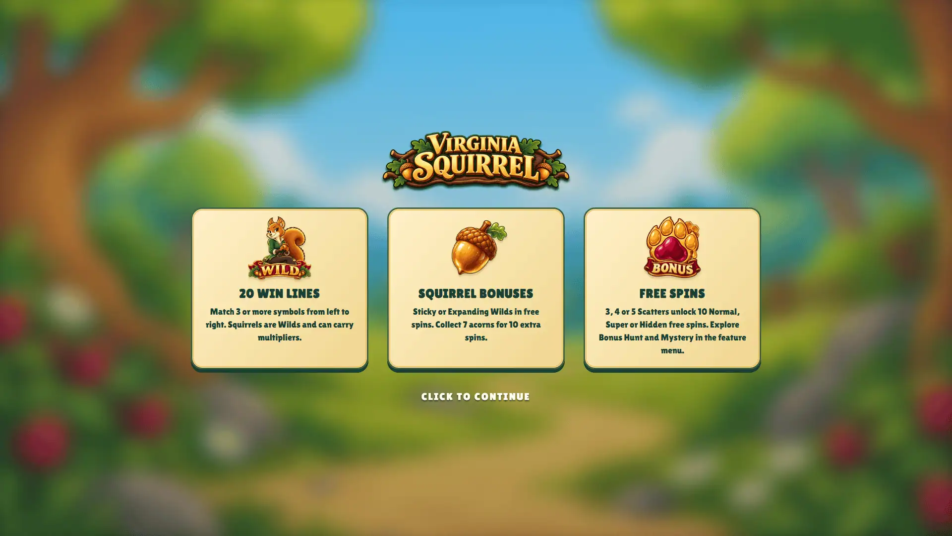 Virginia Squirrel slot intro screen