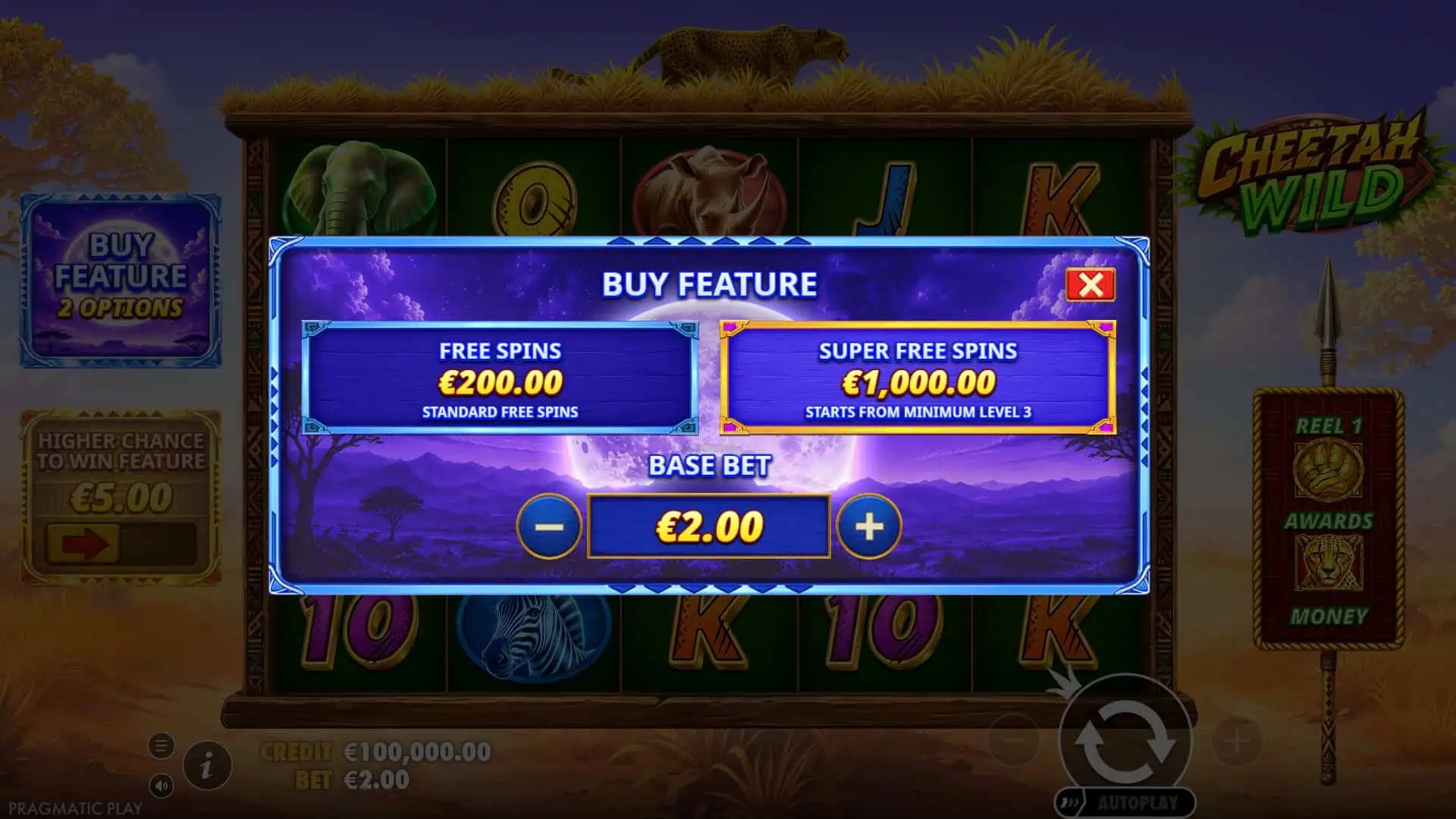 Cheetah Wild bonus buy menu
