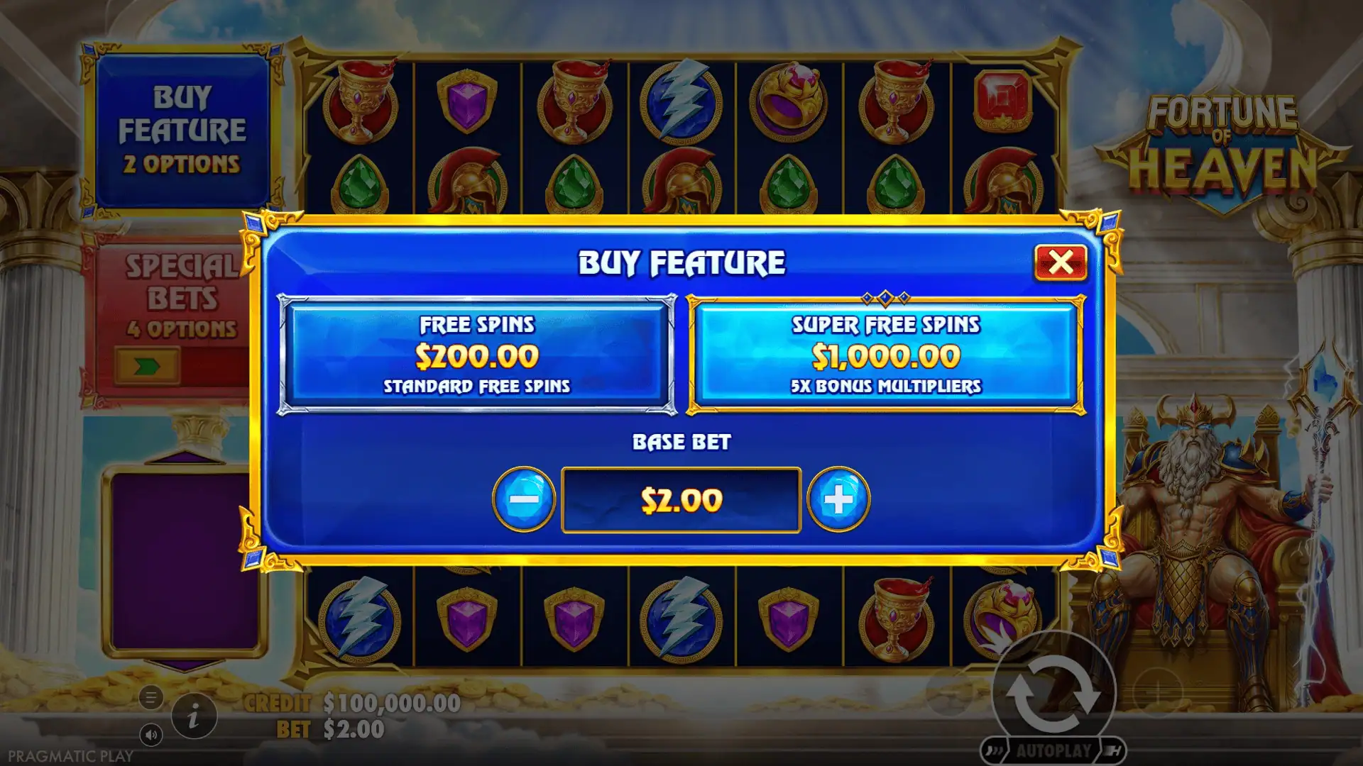 Fortune of Heaven bonus buy menu