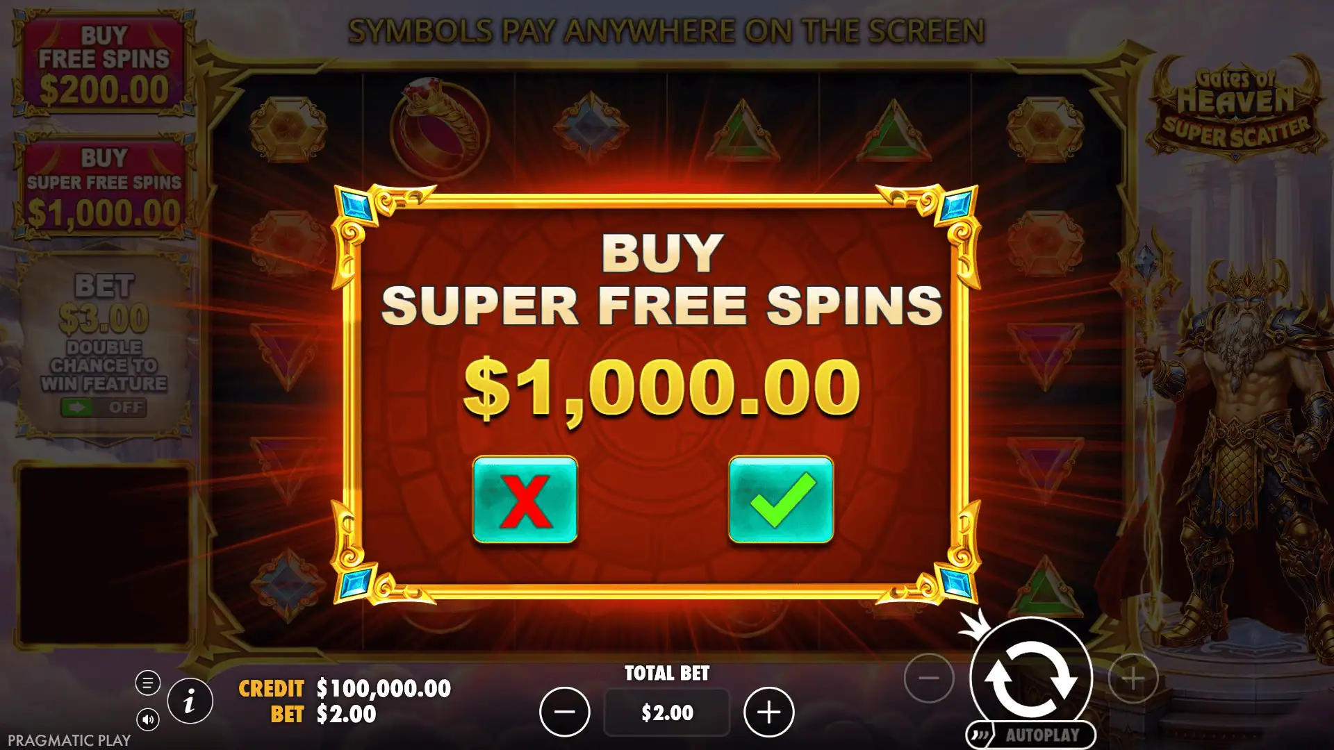 Gates of Heaven Super Scatter bonus buy menu