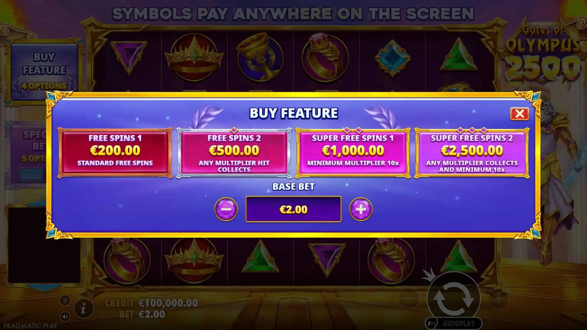 Gates of Olympus 2500 bonus buy menu