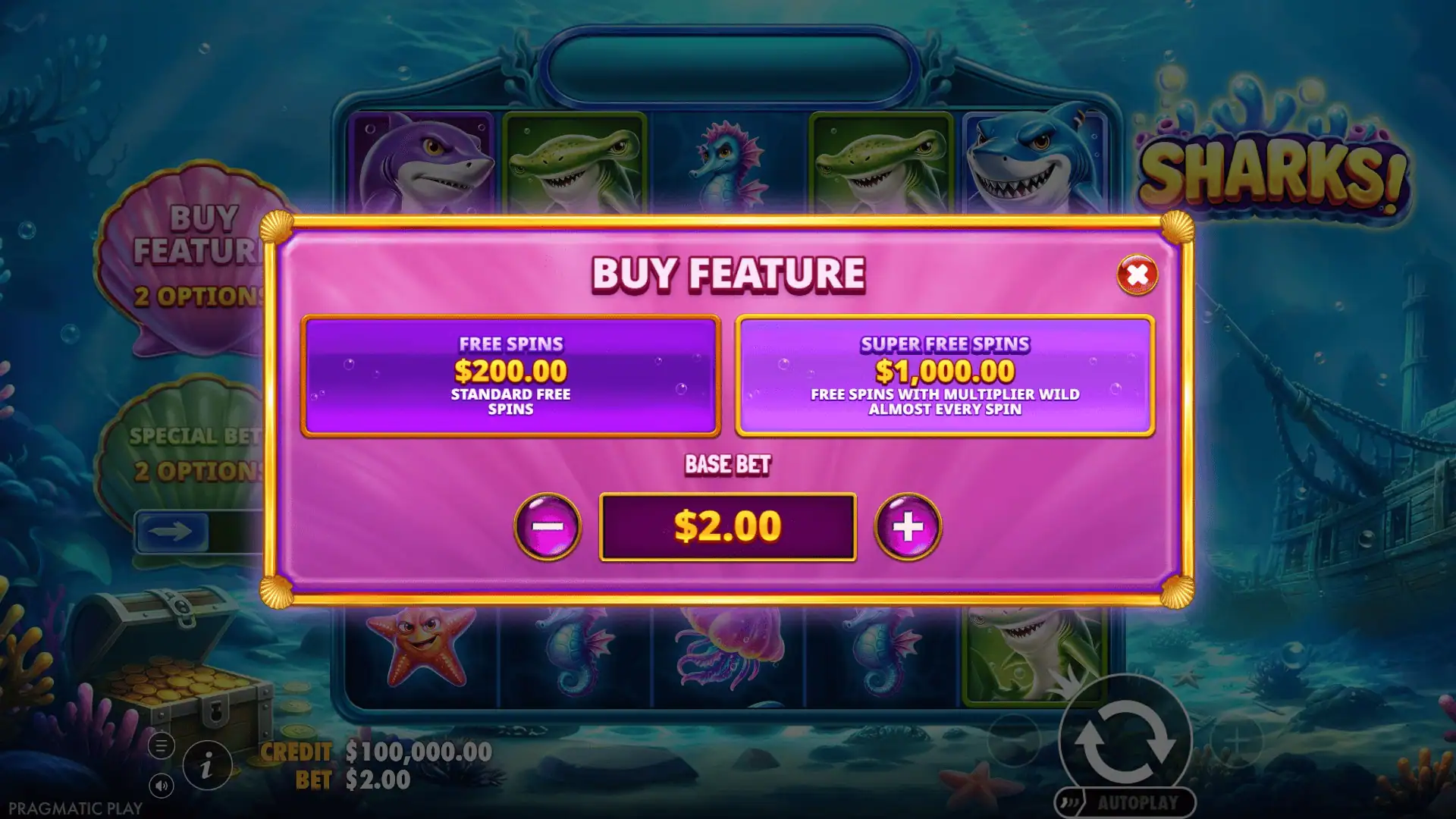 Sharks! bonus buy menu