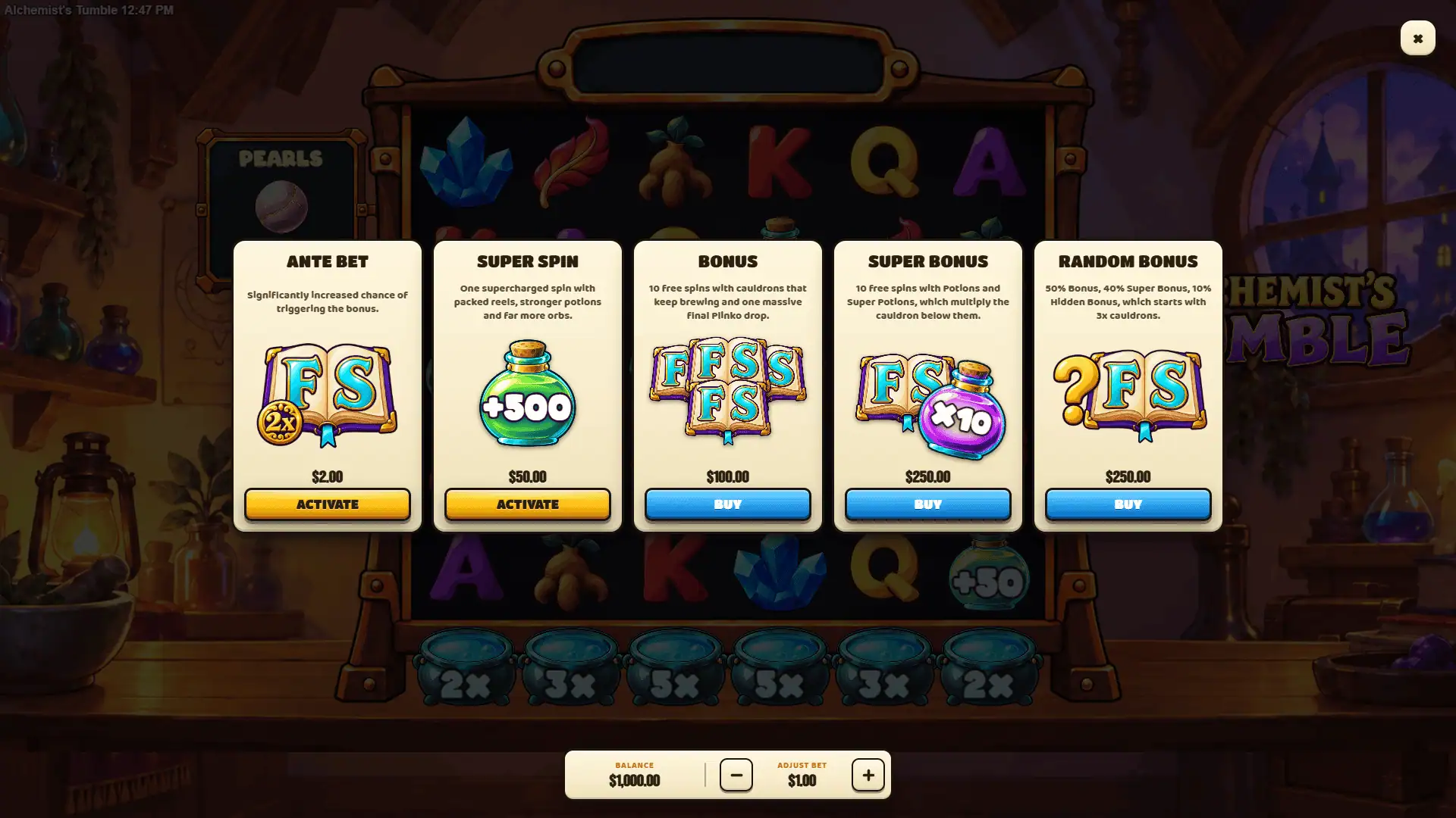 Alchemists Tumble bonus buy menu