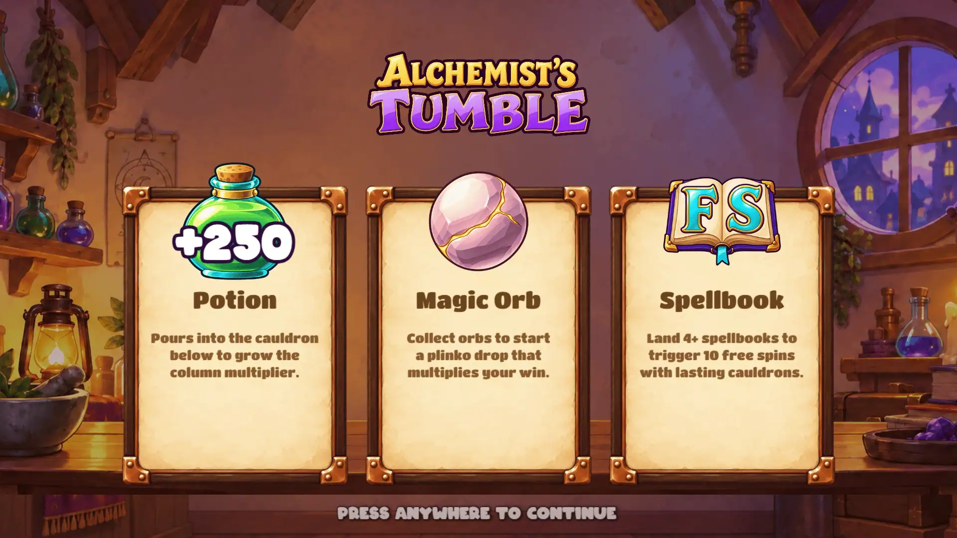 Alchemists Tumble slot intro screen