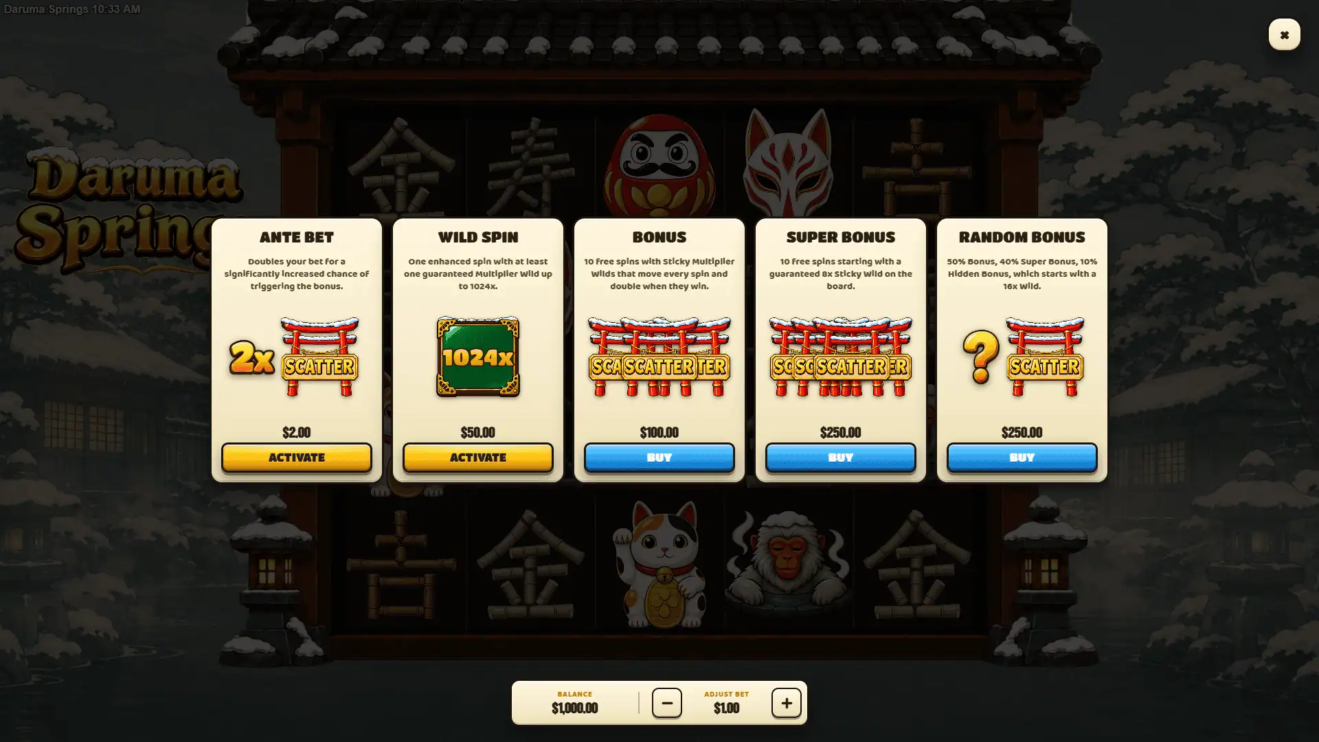 Daruma Springs bonus buy menu
