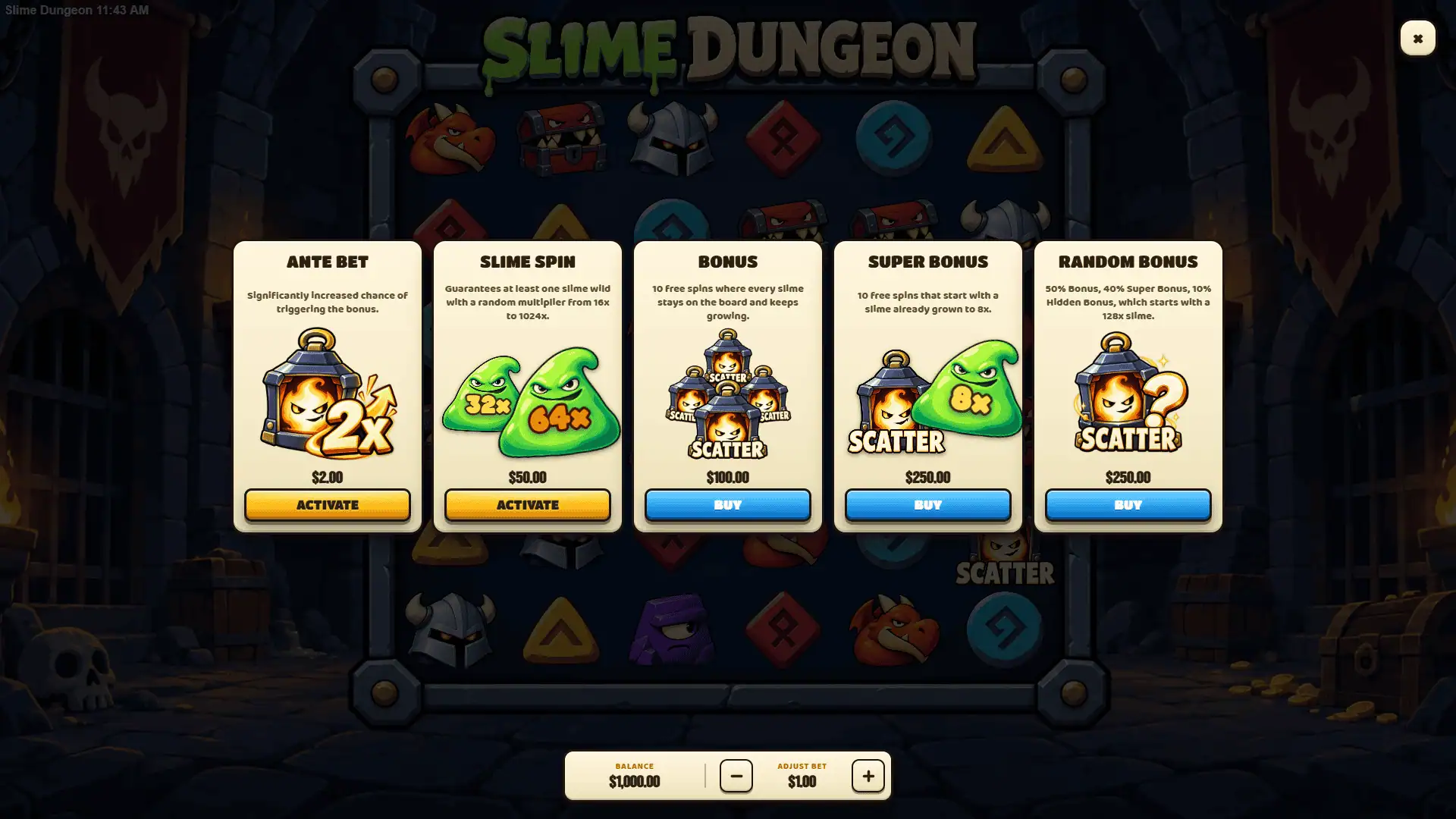 Slime Dungeon bonus buy menu