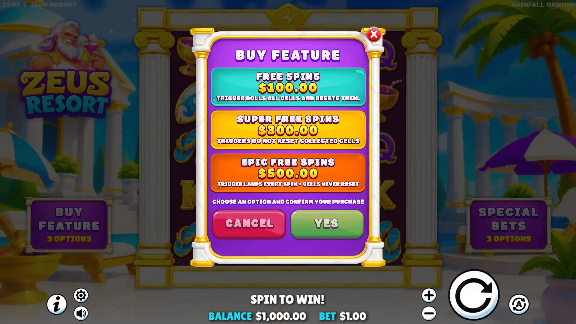 Zeus Resort bonus buy menu