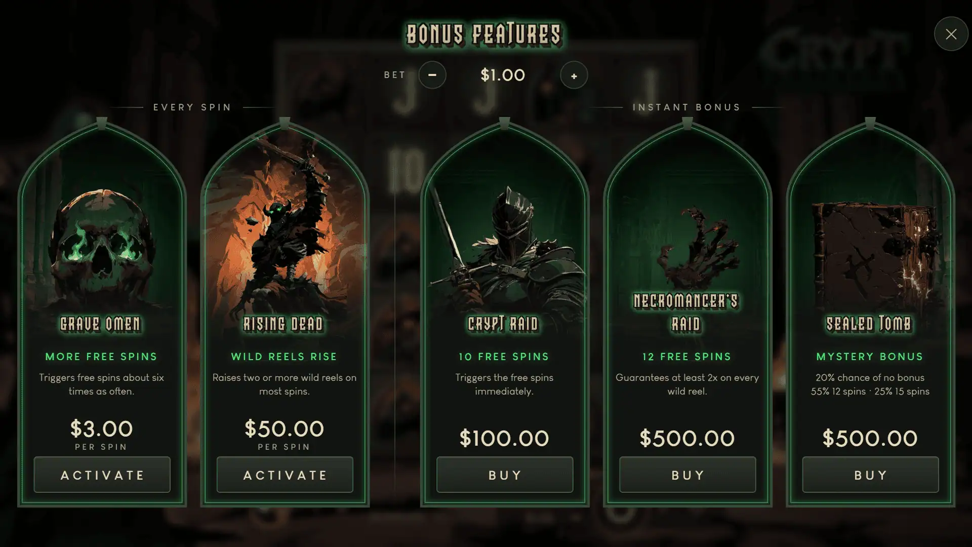Crypt Raiders bonus buy menu
