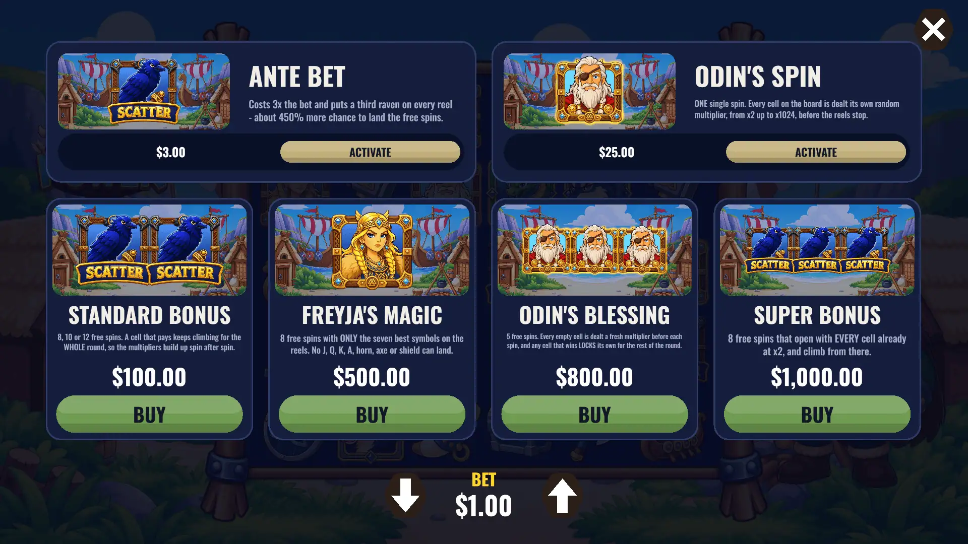 Norse Power bonus buy menu