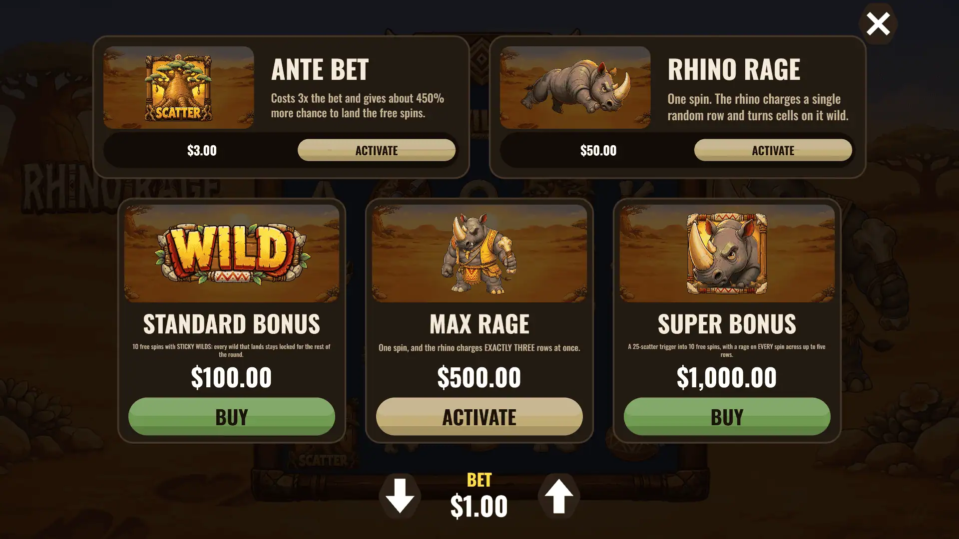 Rhino Rage bonus buy menu
