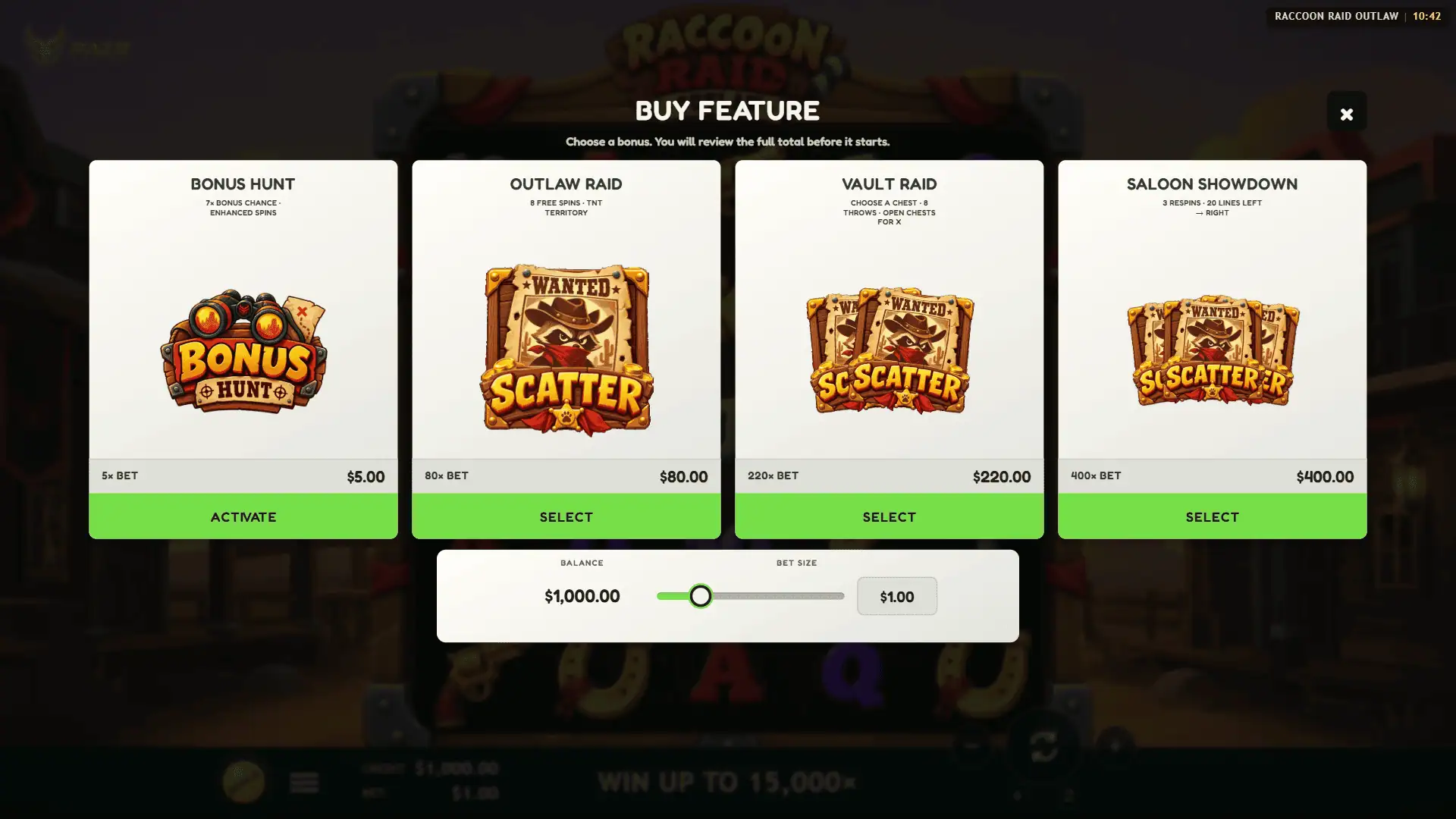 Raccoon Raid: Outlaw bonus buy menu