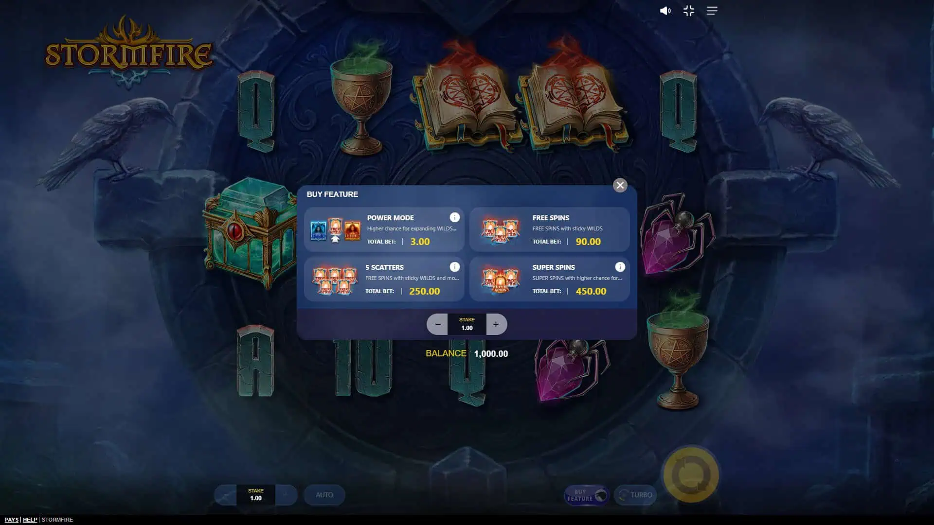 Stormfire bonus buy menu