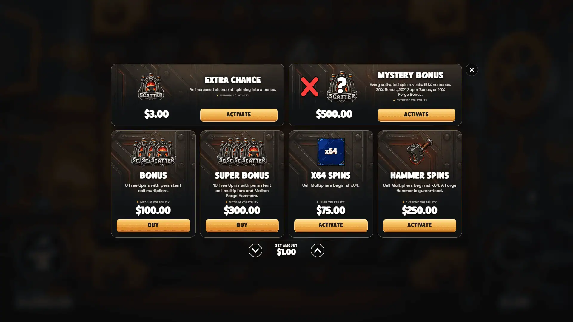 Forge Frenzy bonus buy menu