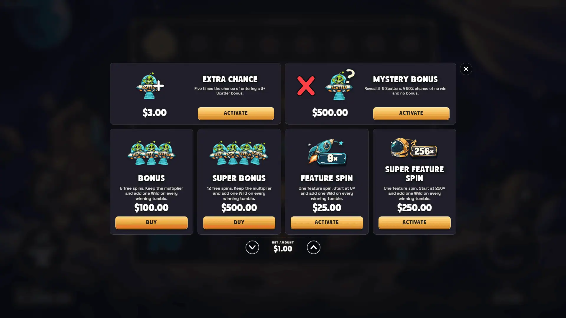 Spaced Out bonus buy menu