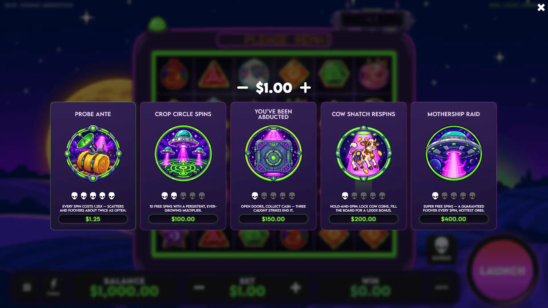 Cosmic Abduction bonus buy menu
