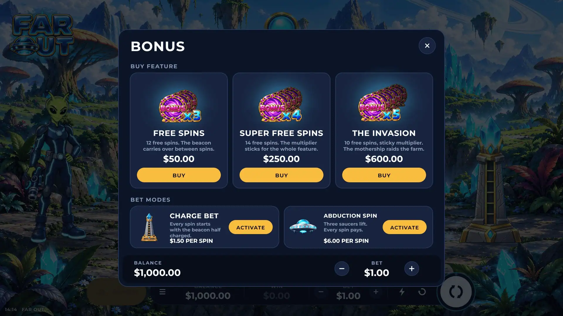 Far Out bonus buy menu