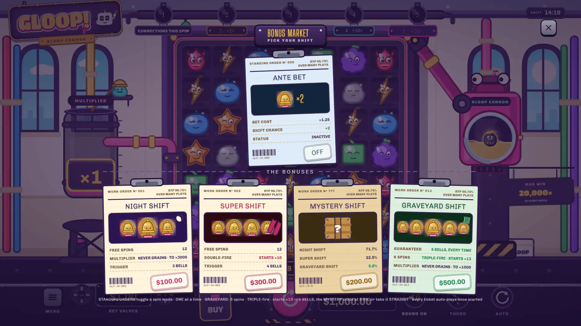Gloop! Cluster Pays bonus buy menu