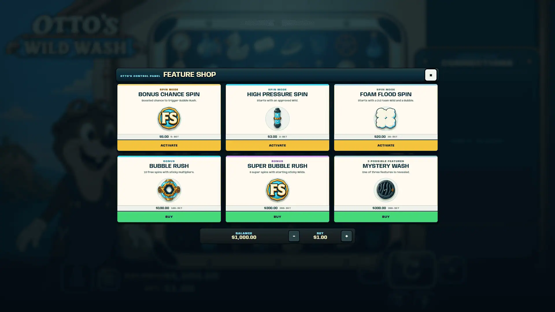Otto's Wild Wash bonus buy menu