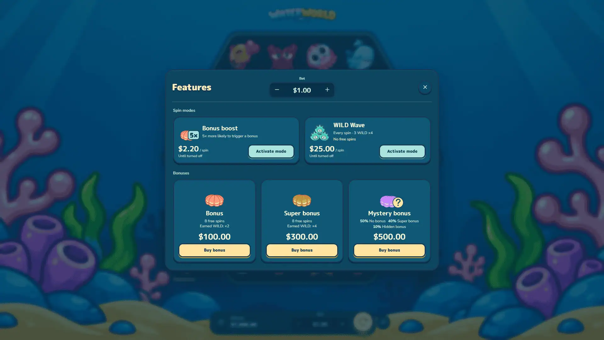 Water World bonus buy menu