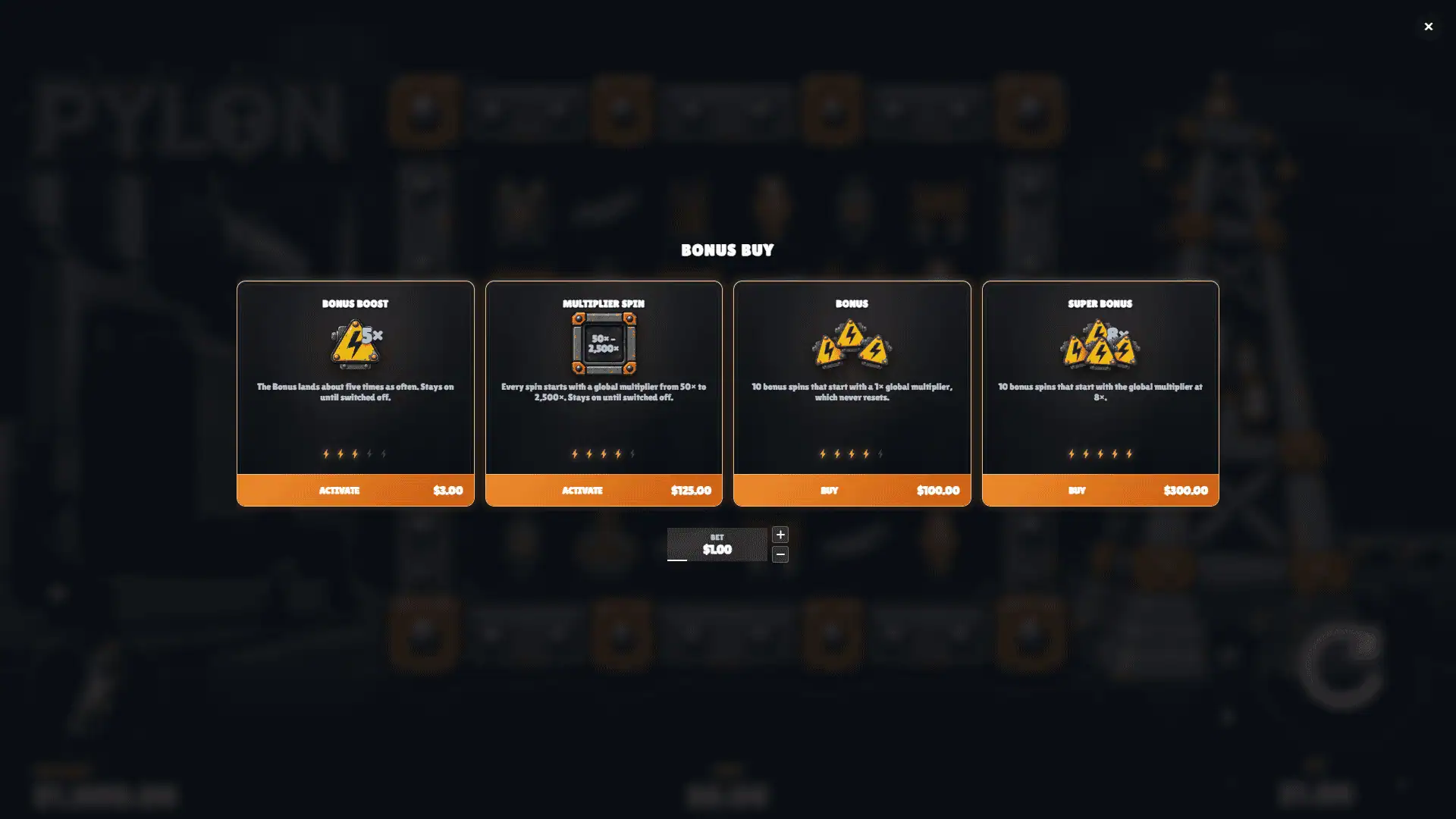 Pylon bonus buy menu