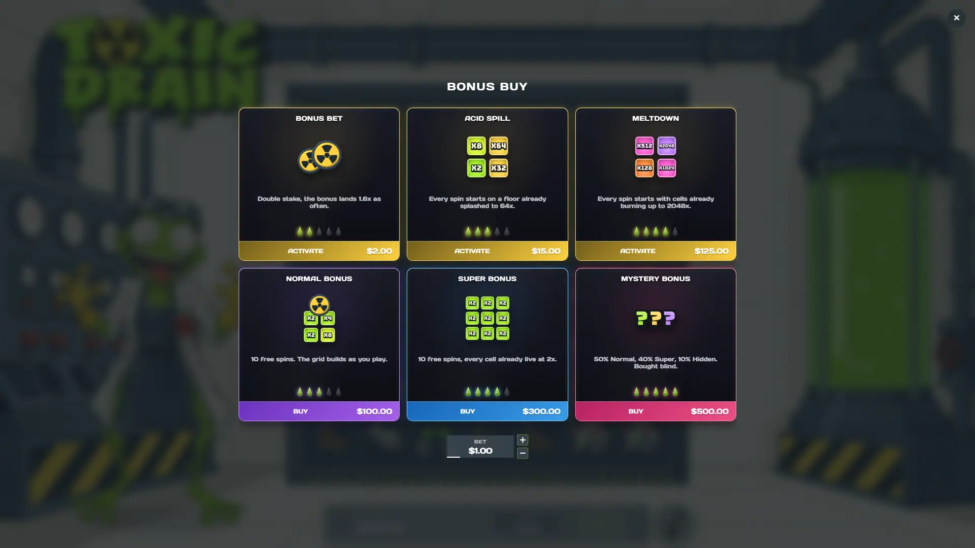 Toxic Drain bonus buy menu
