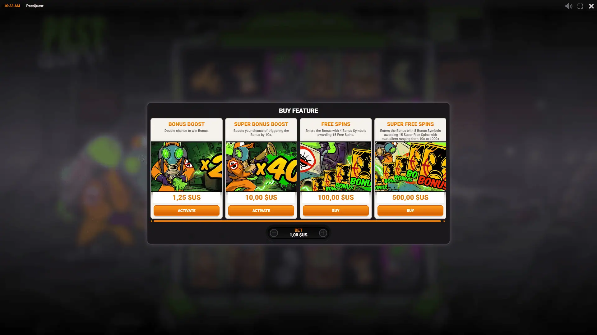 Pest Quest bonus buy menu