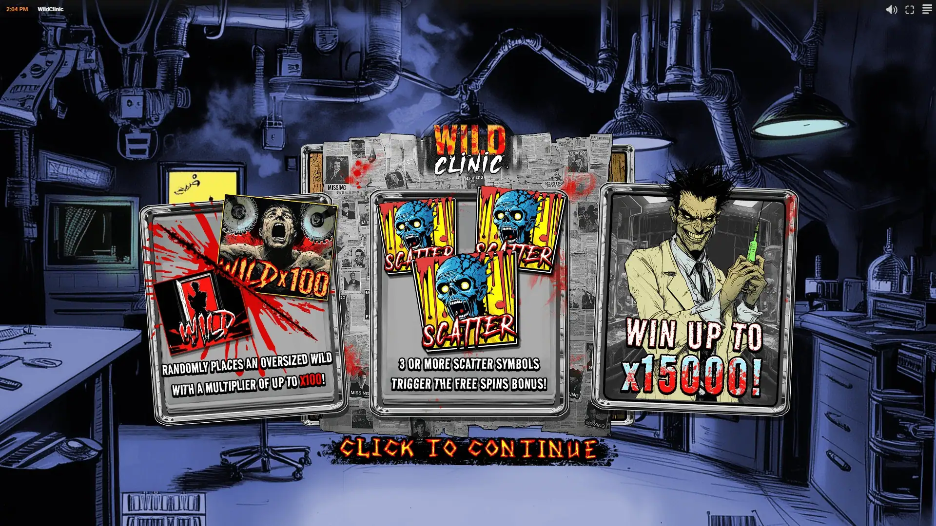 Wild Clinic slot intro screen