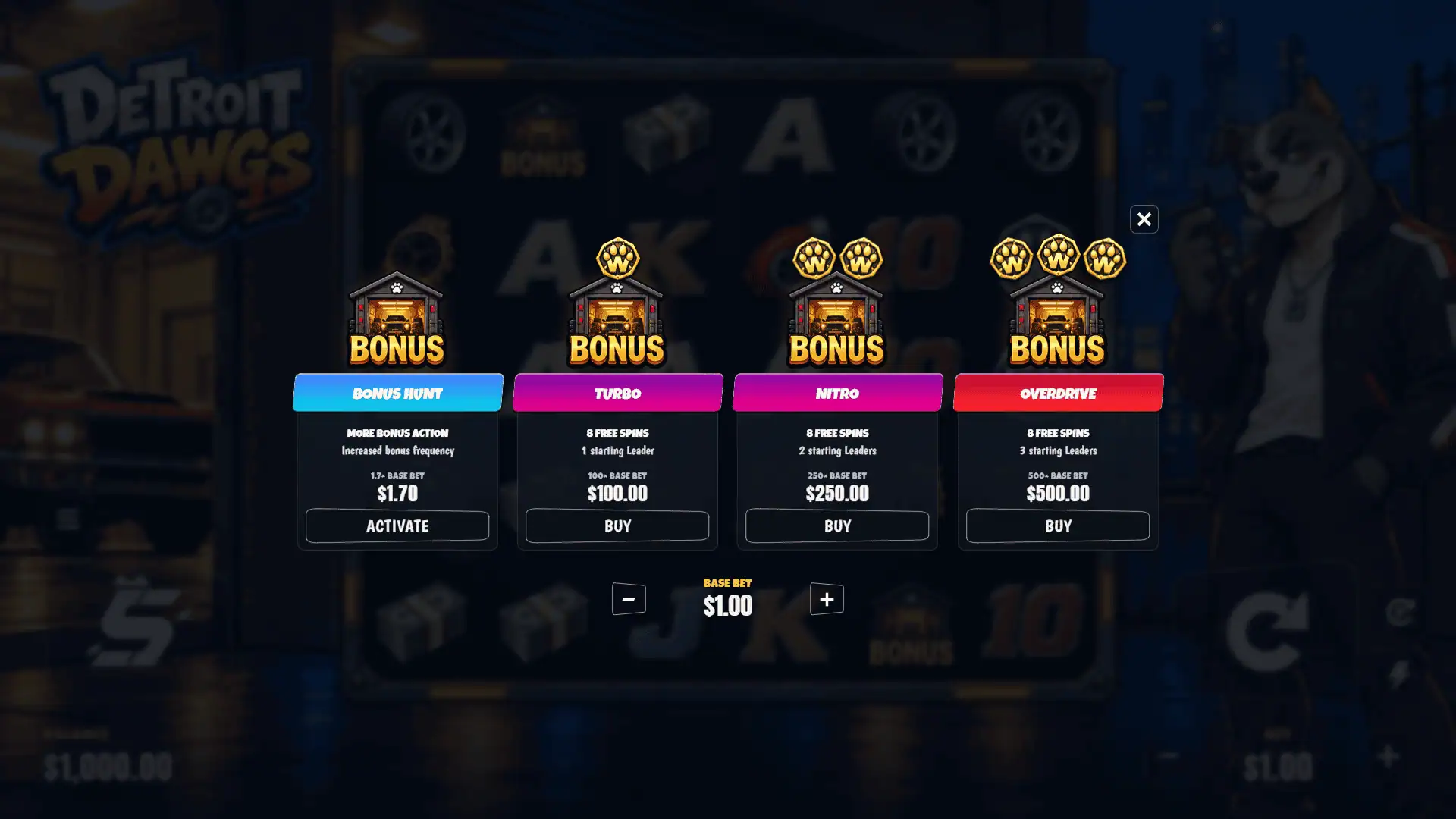 Detroit Dawgs bonus buy menu