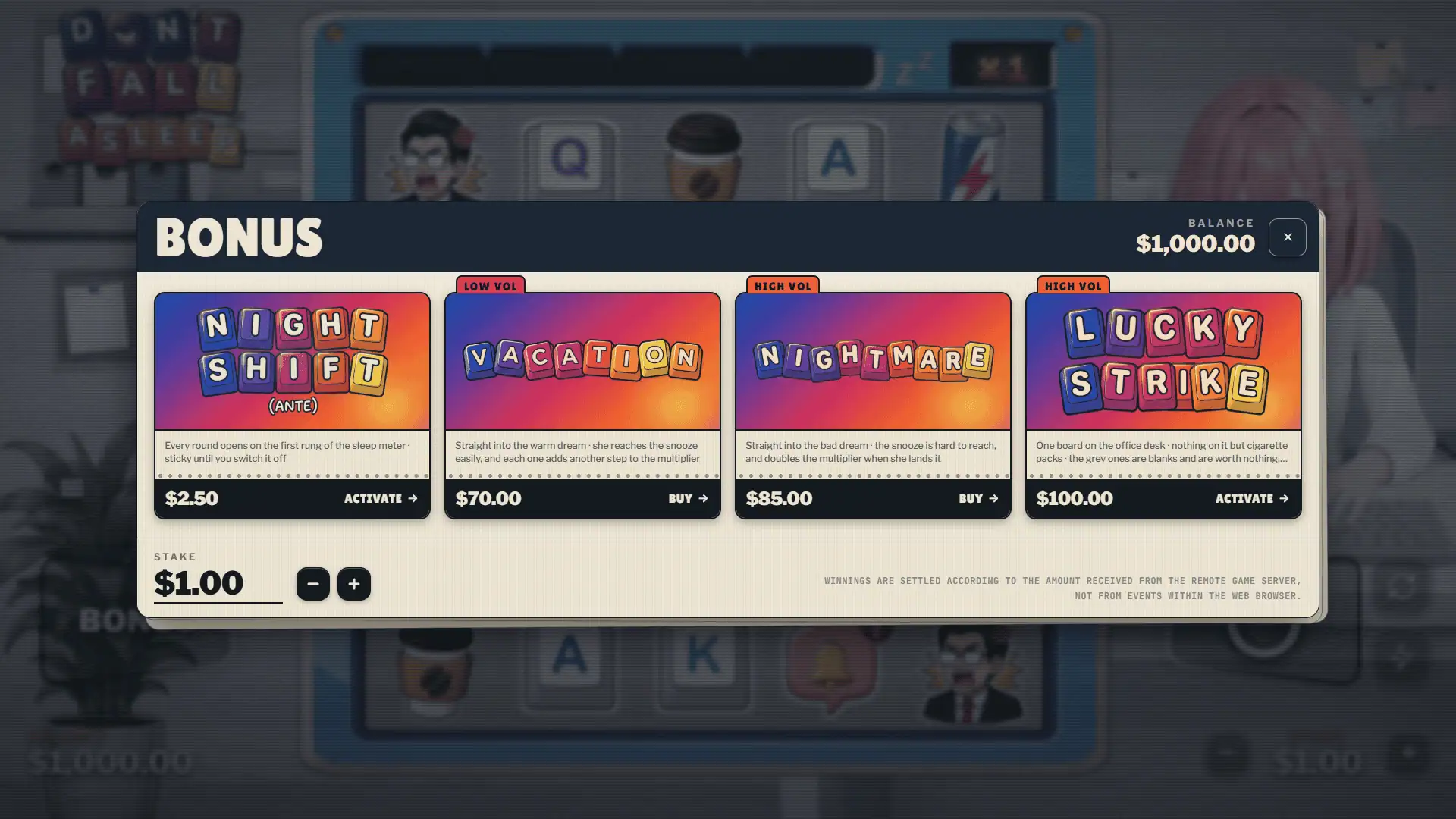 Dont Fall Asleep bonus buy menu