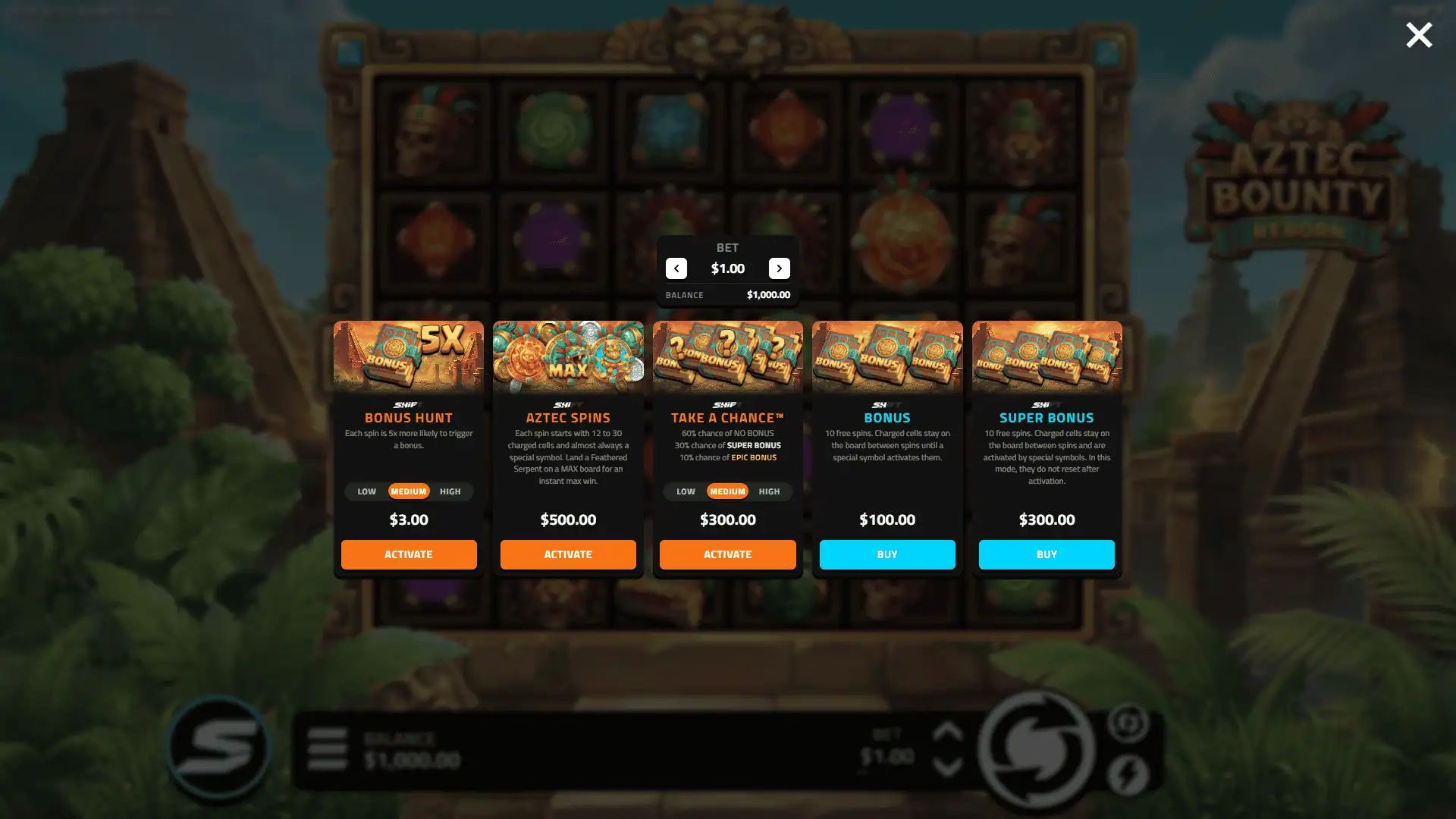 Aztec Bounty: Reborn bonus buy menu