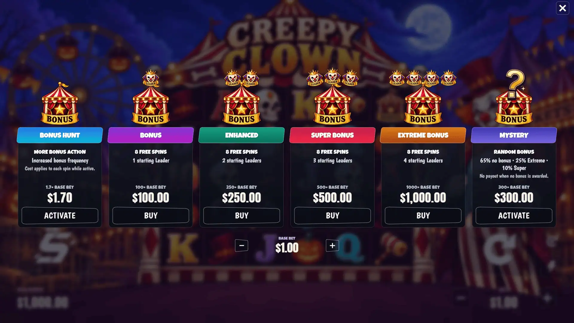 Creepy Clown bonus buy menu