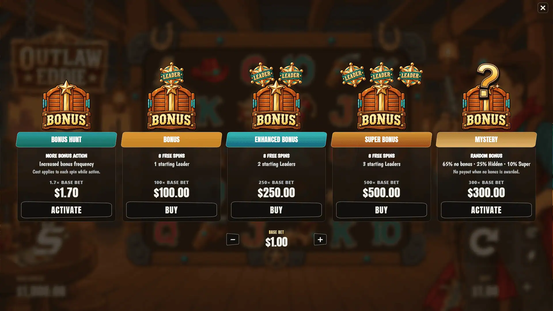 Outlaw Eddie bonus buy menu