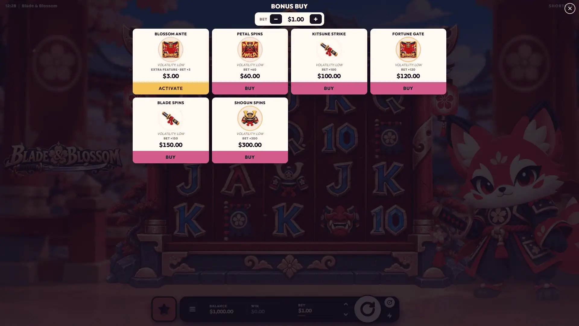 Blade & Blossom bonus buy menu