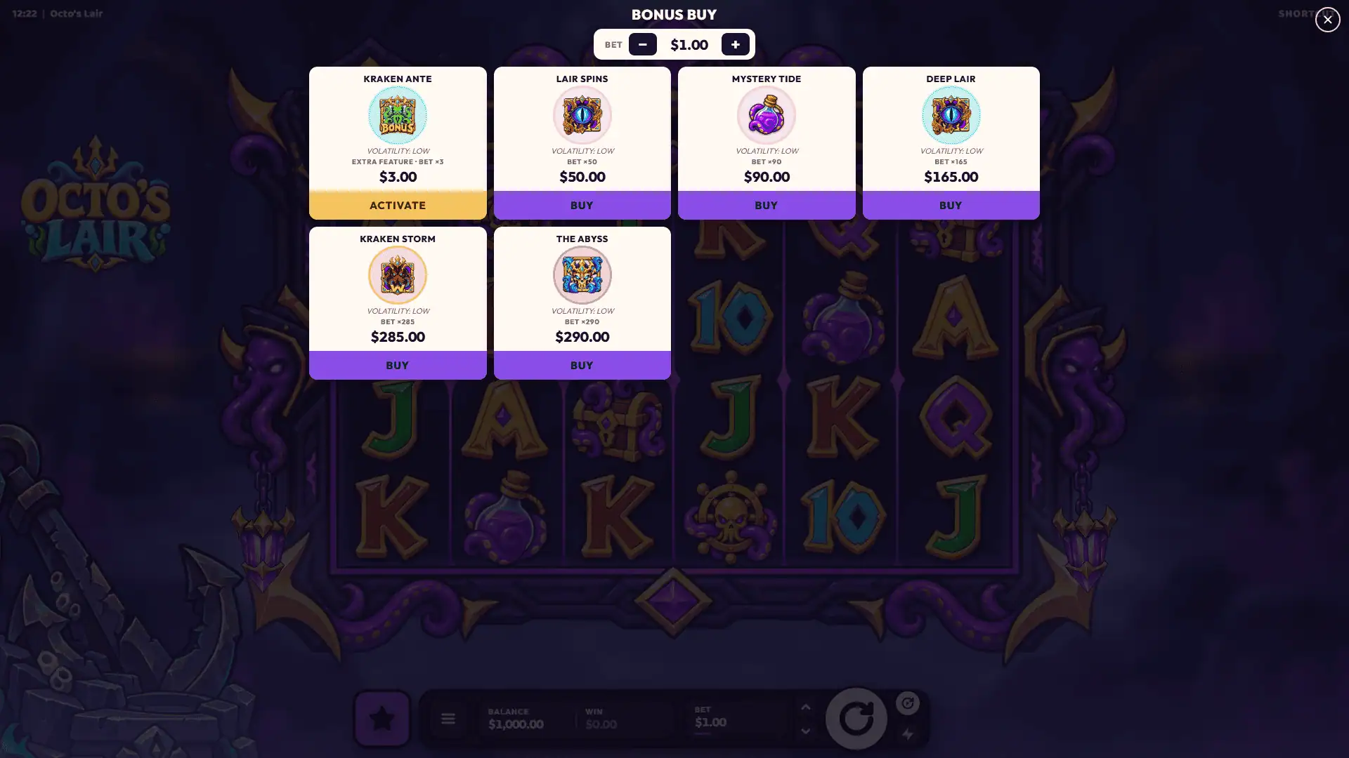 Octo's Lair bonus buy menu