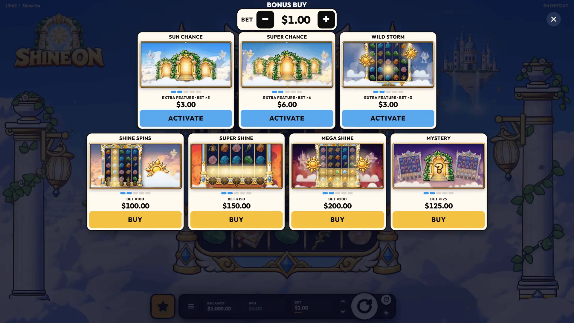 Shine On bonus buy menu