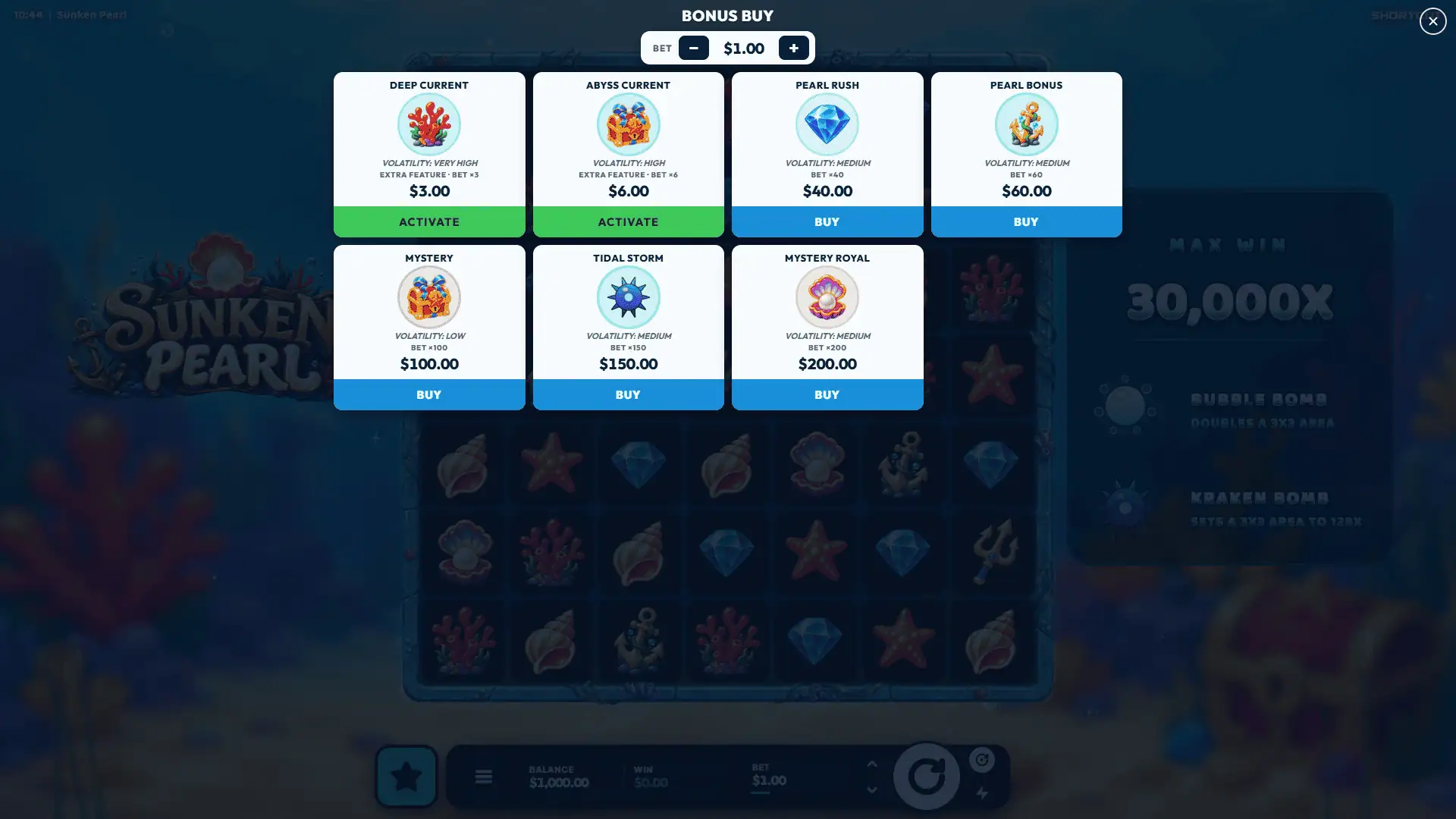 Sunken Pearl bonus buy menu