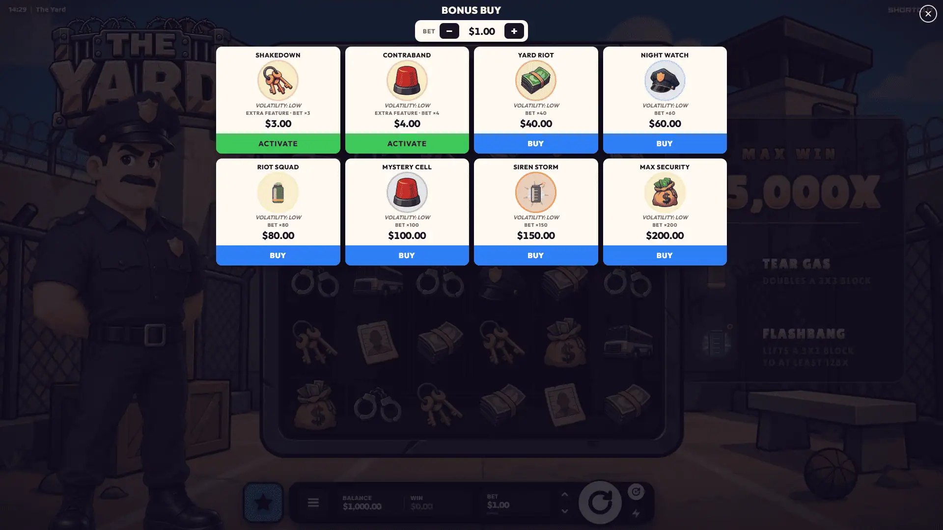 The Yard bonus buy menu