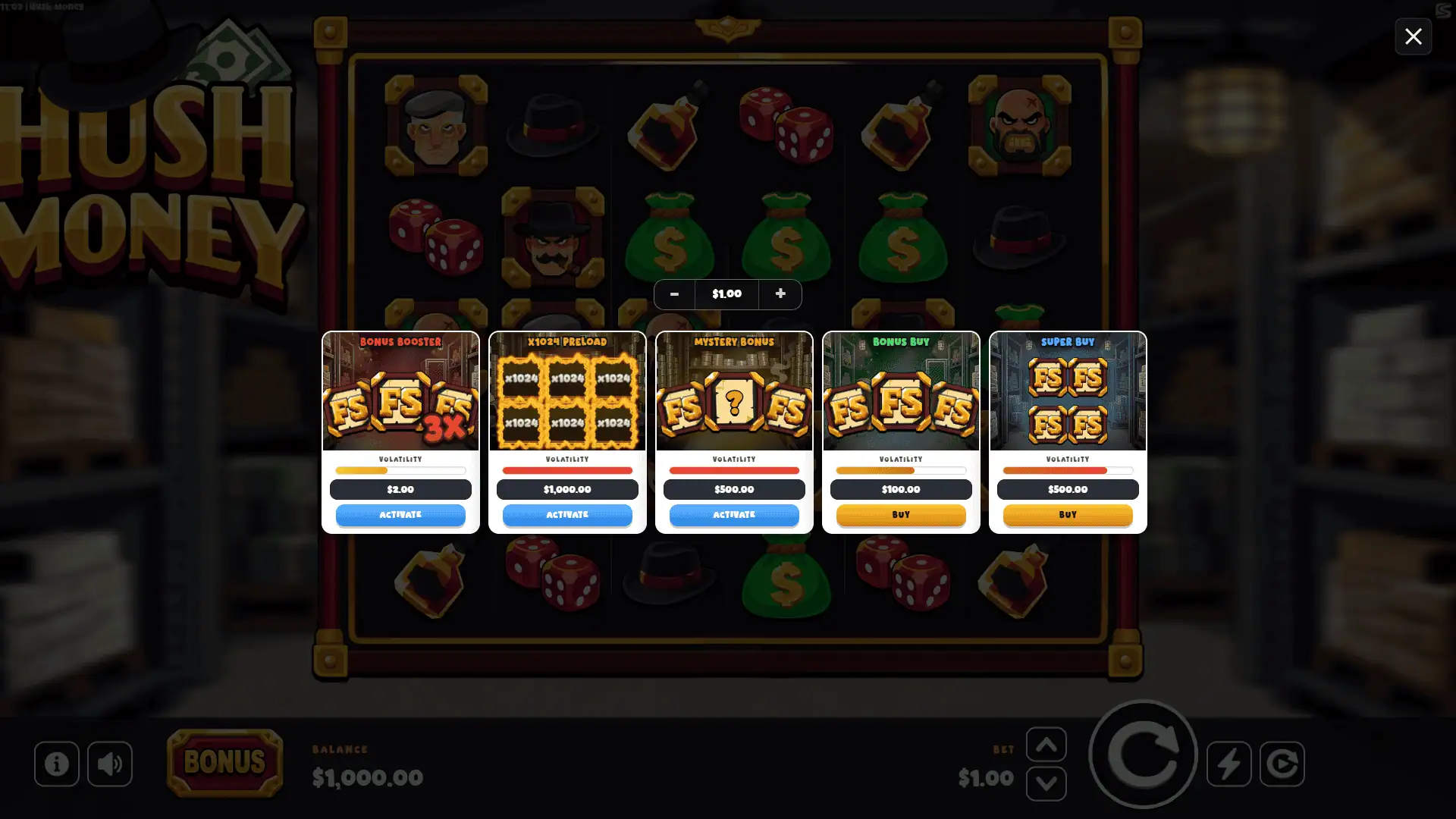Hush Money bonus buy menu
