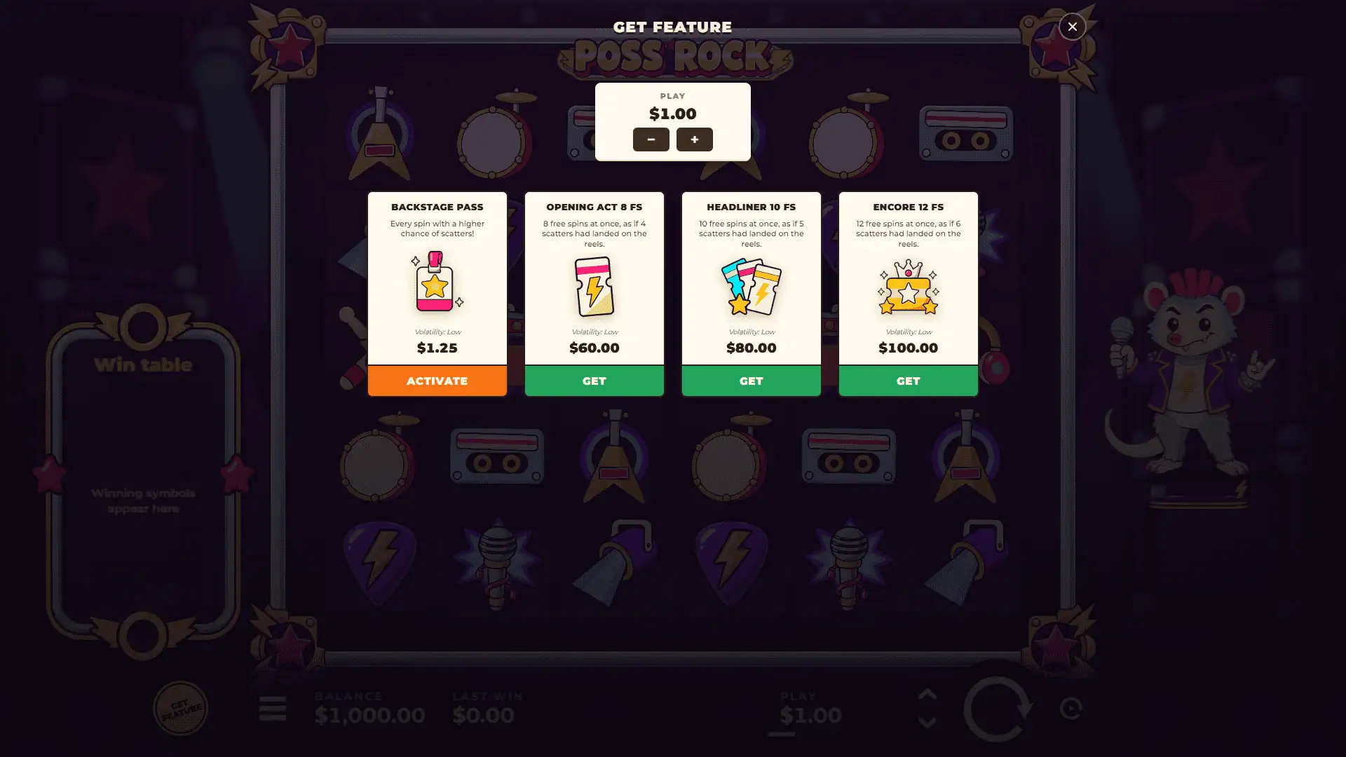 Poss Rock bonus buy menu