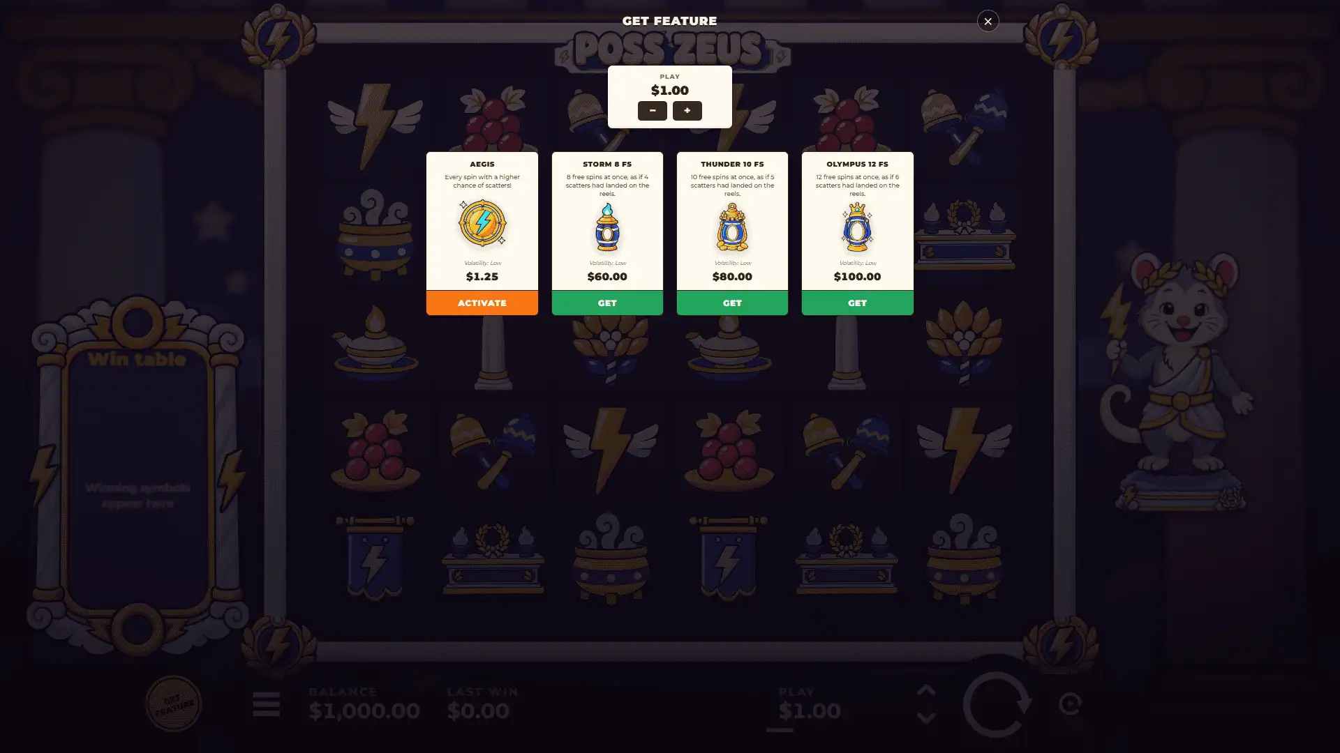 Poss Zeus bonus buy menu