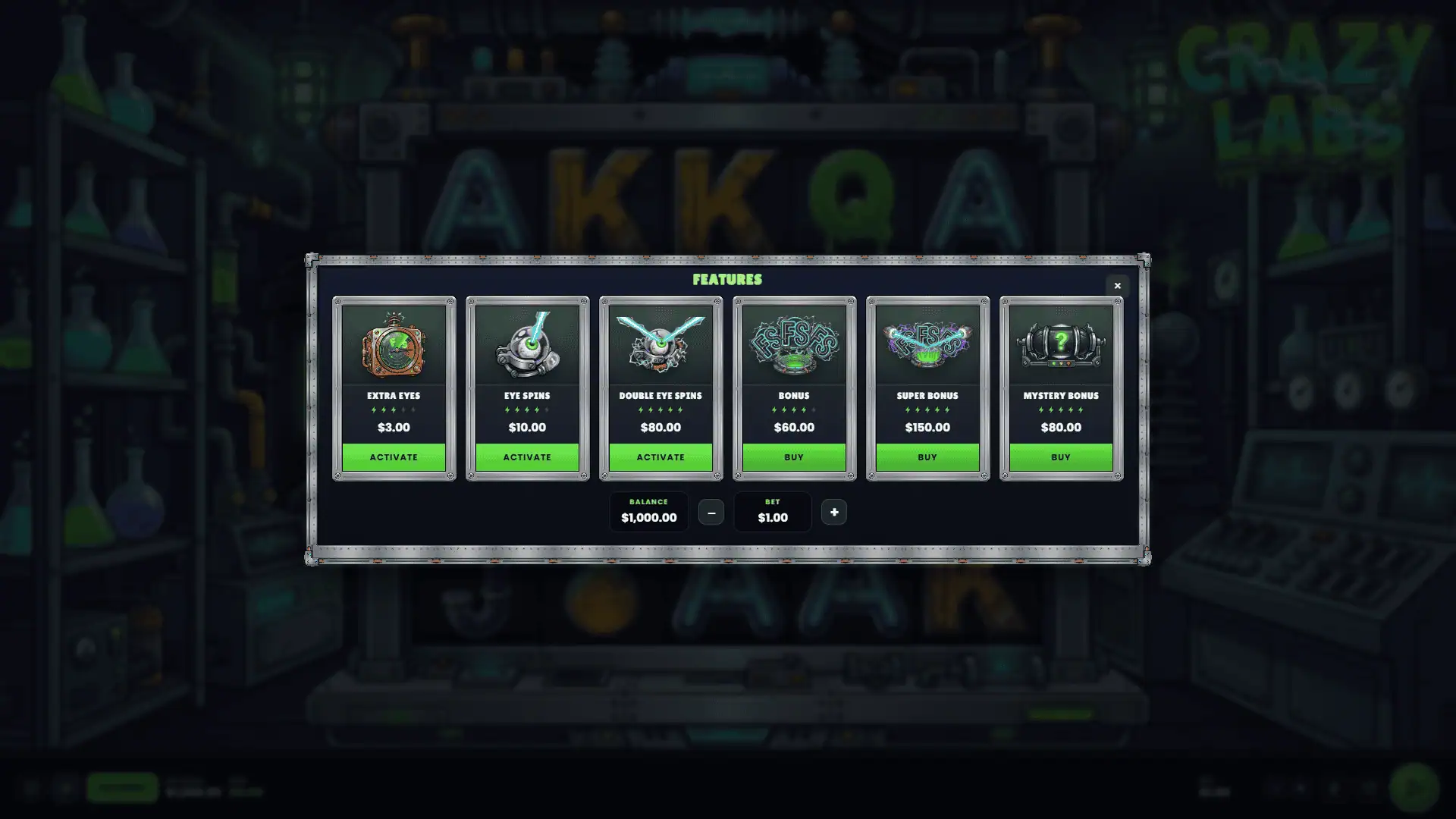 Crazy Labs bonus buy menu