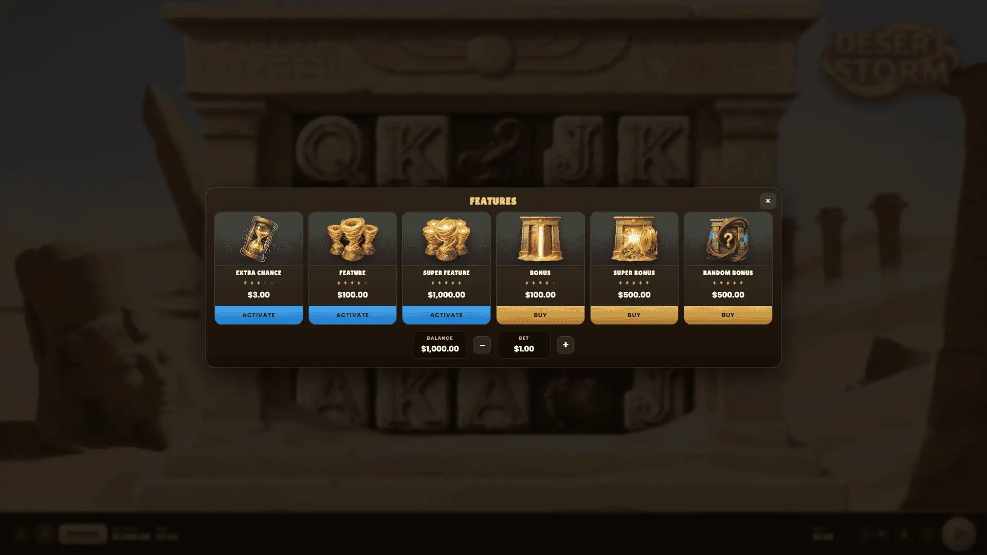 Desert Storm bonus buy menu