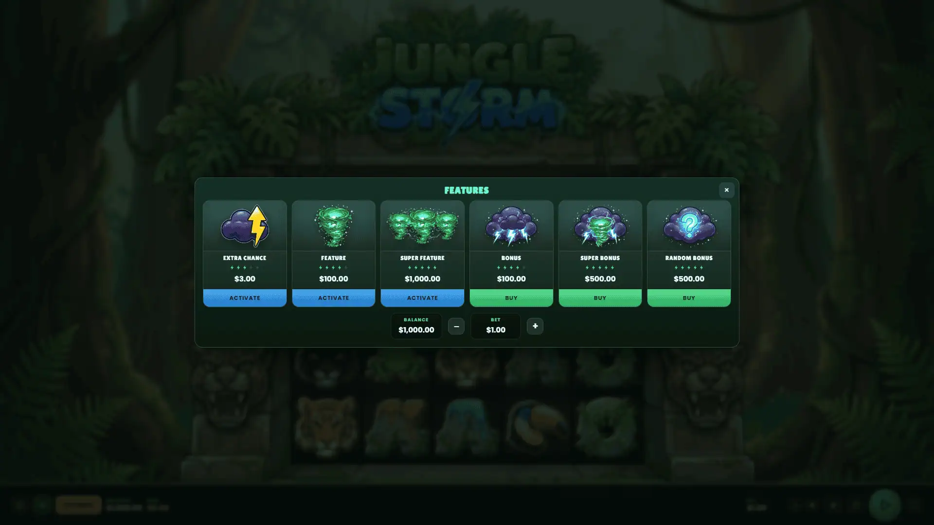 Jungle Storm bonus buy menu