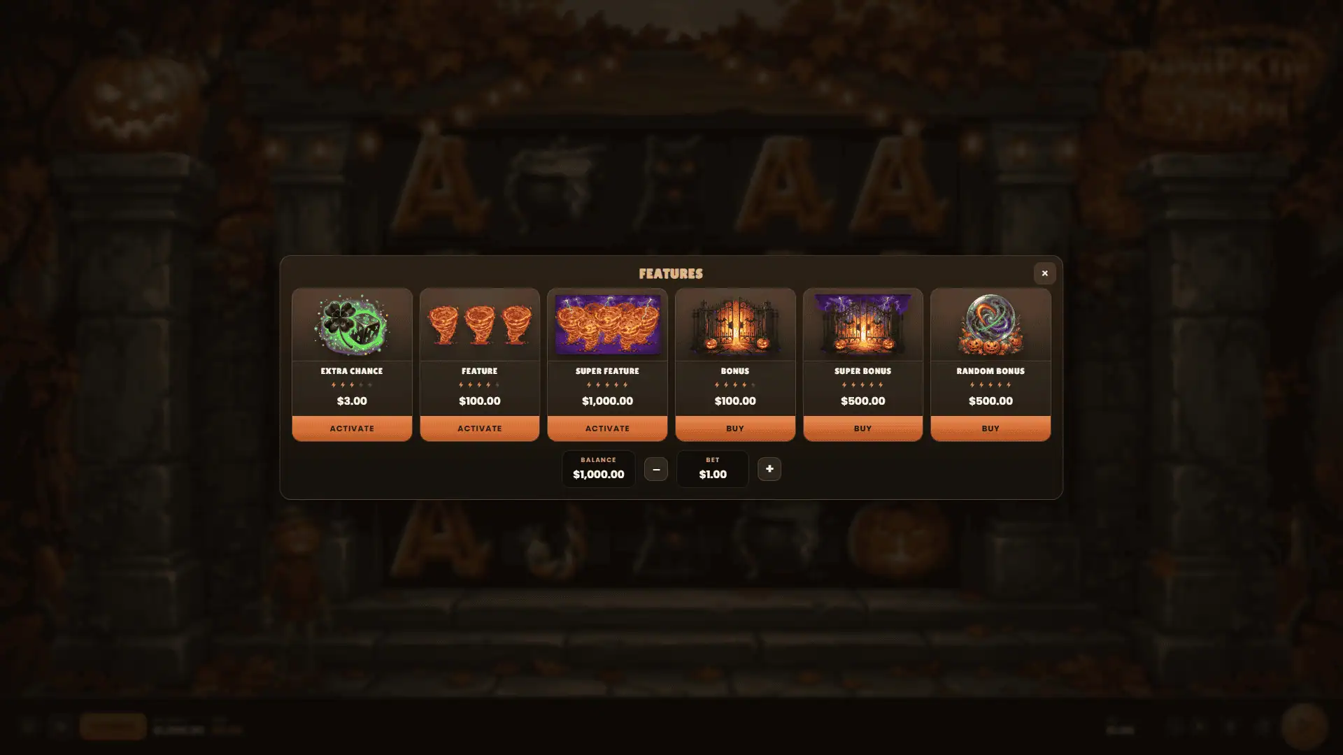 Pumpkin Storm bonus buy menu