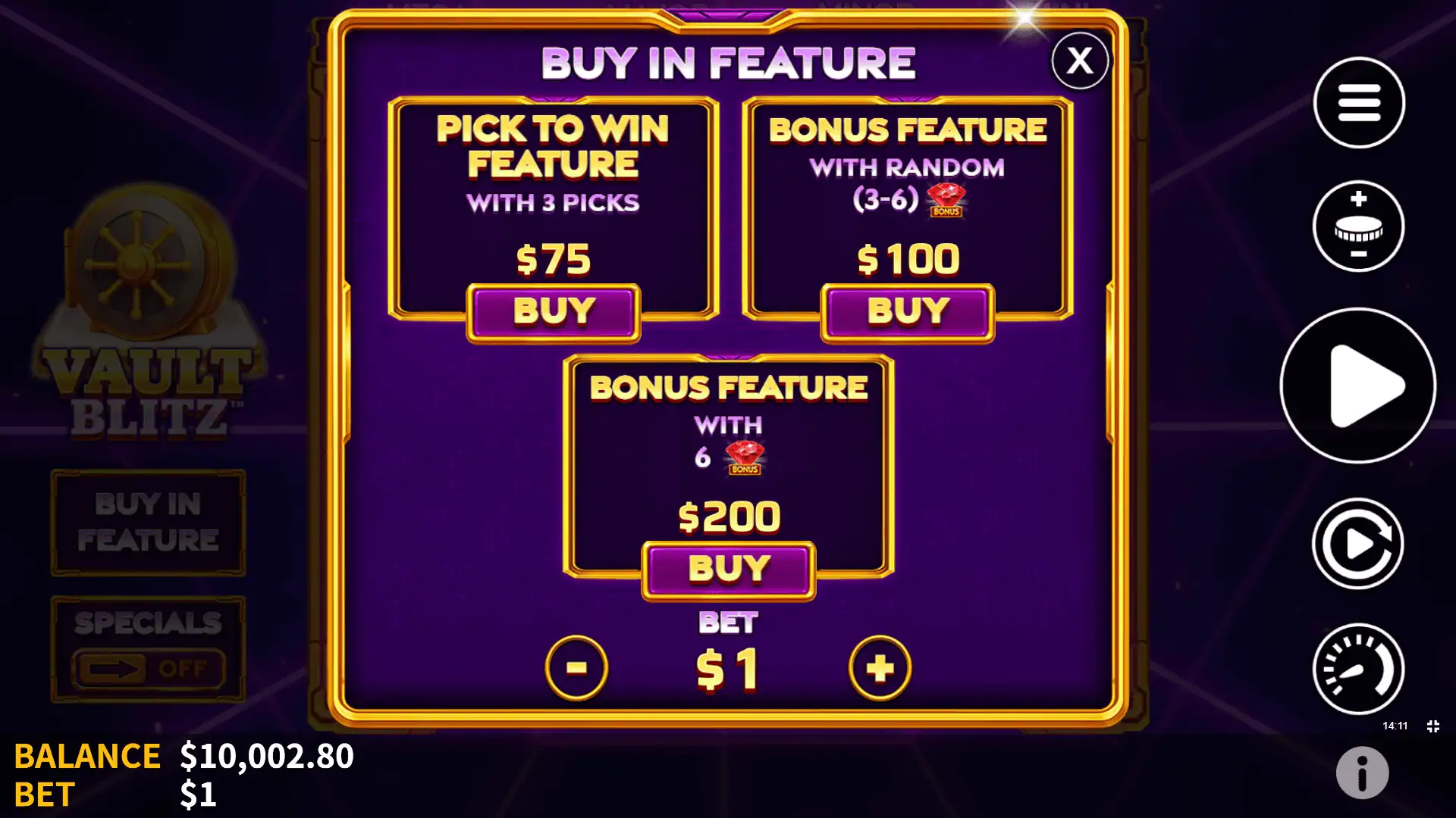 Vault Blitz bonus buy menu