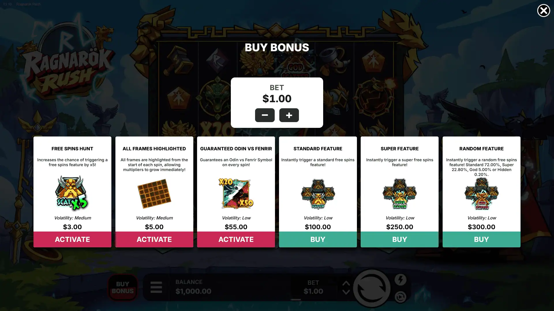 Ragnarok Rush bonus buy menu