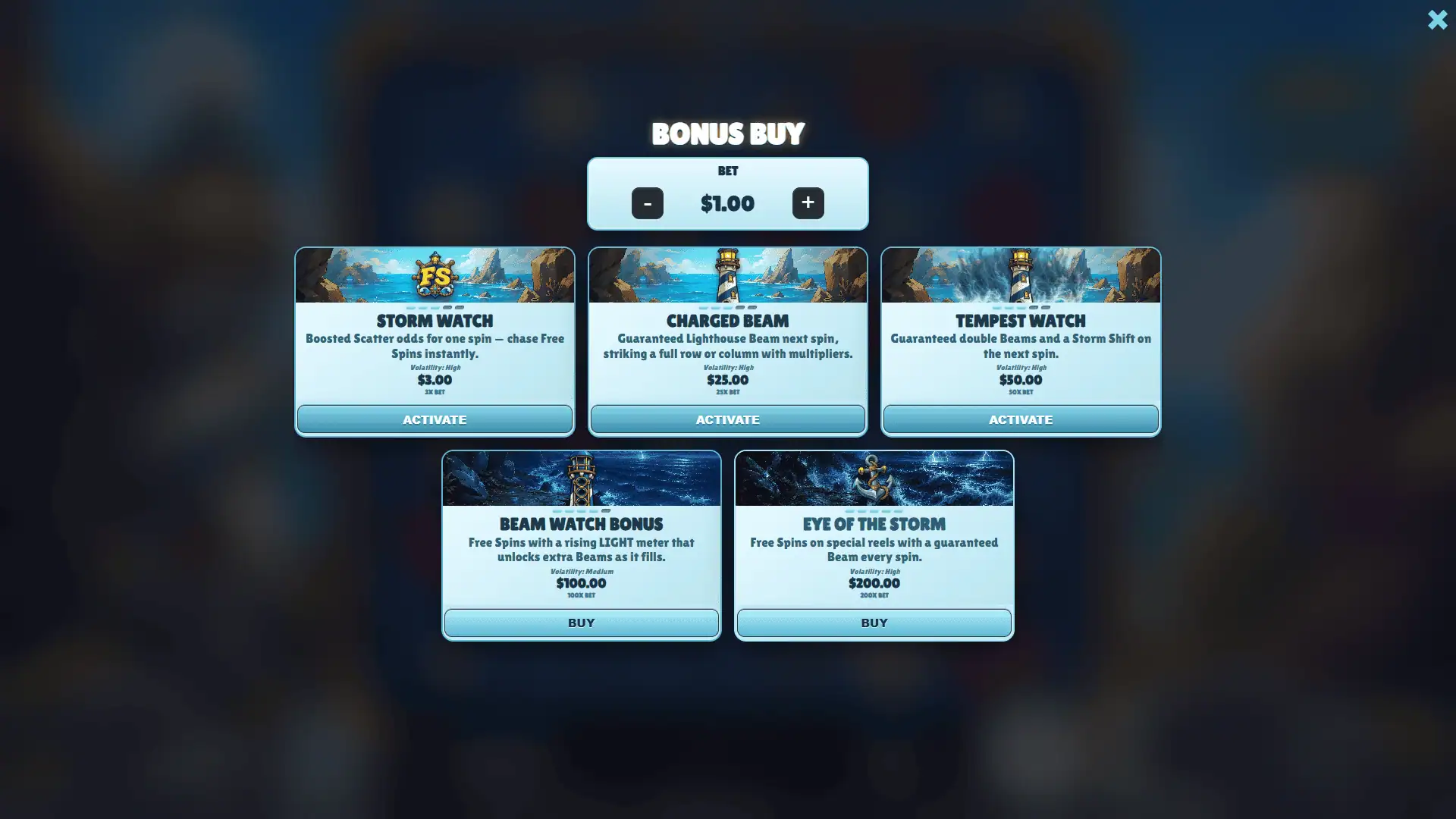 Beam Watch bonus buy menu